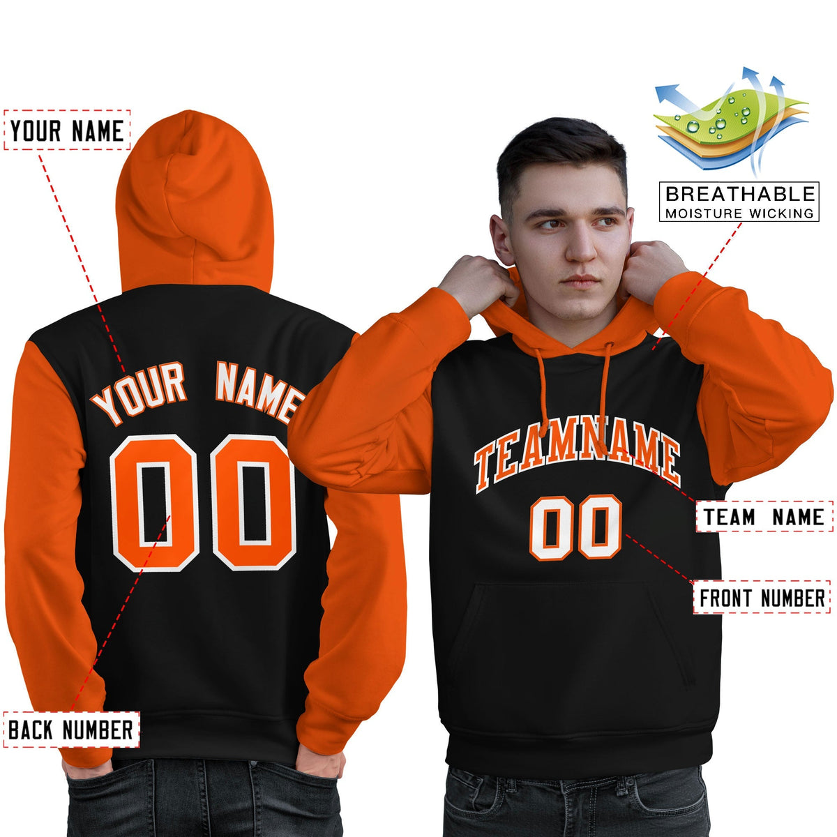 Custom Black Orange-White Raglan Sleeves Pullover Personalized Sweatshirt Hoodie| KXKSHOP