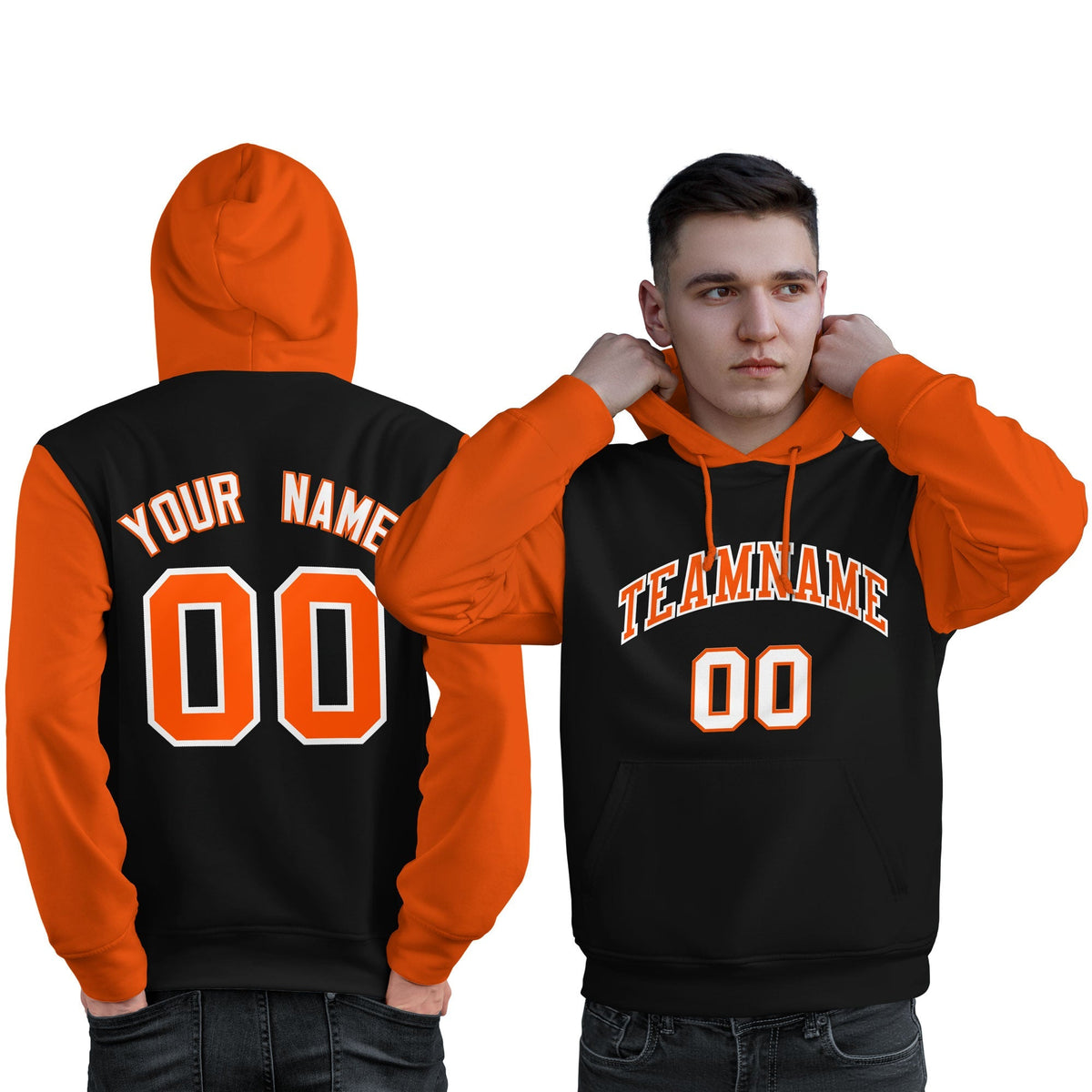 Custom Black Orange-White Raglan Sleeves Pullover Personalized Sweatshirt Hoodie| KXKSHOP