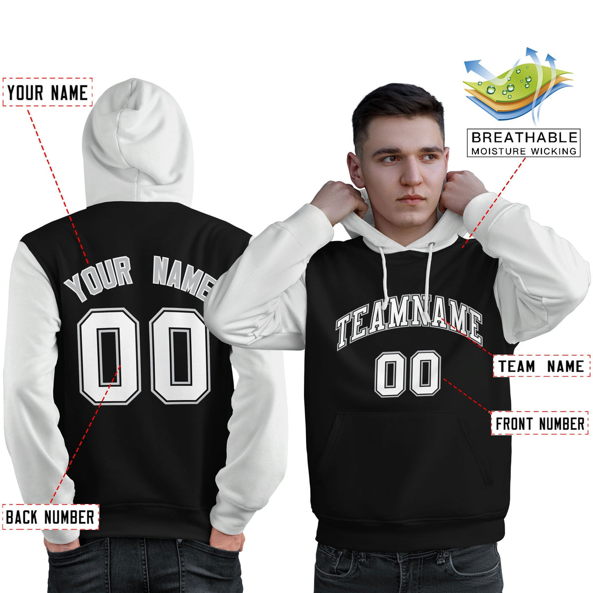 Custom Black White-Gray Raglan Sleeves Pullover Personalized Sweatshirt Hoodie| KXKSHOP