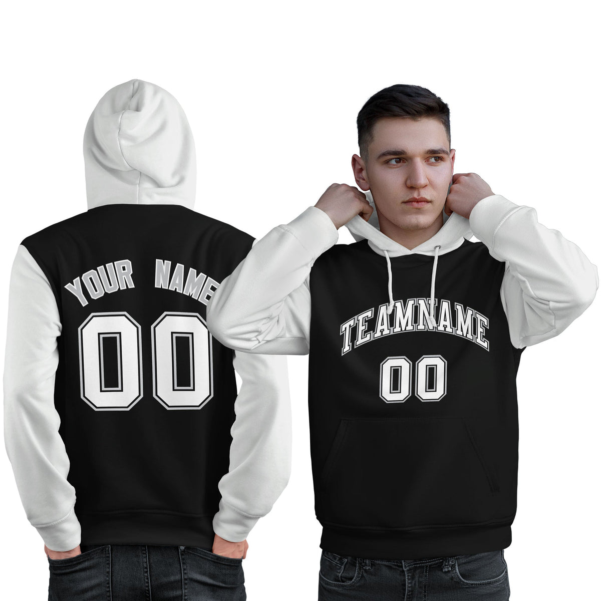 Custom Black White-Gray Raglan Sleeves Pullover Personalized Sweatshirt Hoodie| KXKSHOP