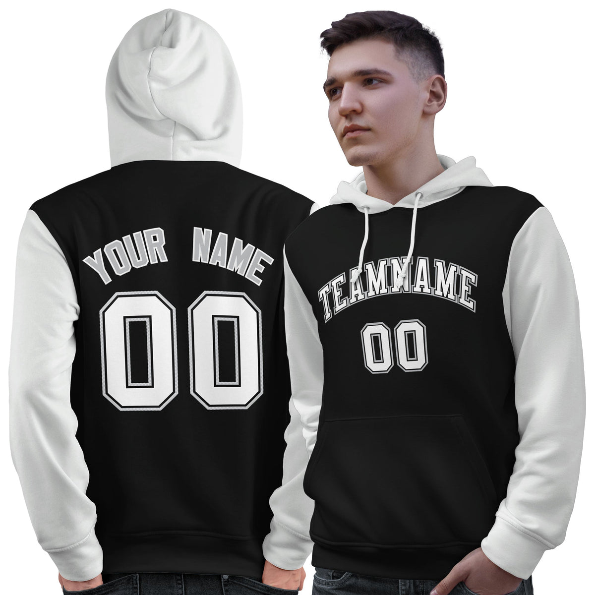 Custom Black White-Gray Raglan Sleeves Pullover Personalized Sweatshirt Hoodie| KXKSHOP