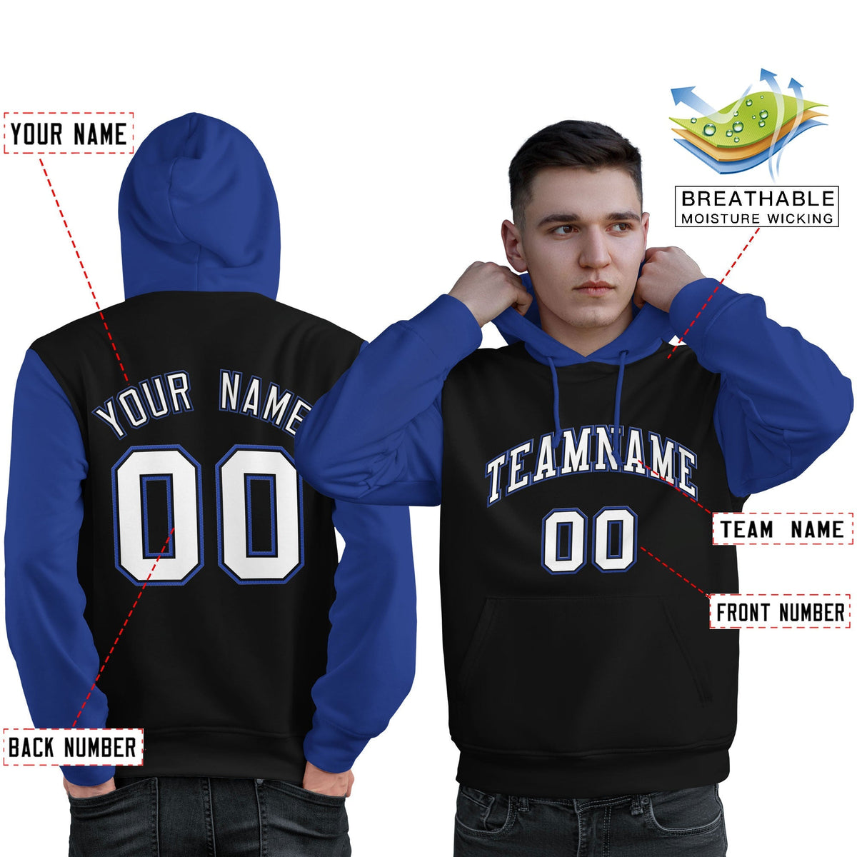 Custom Black White-Royal Raglan Sleeves Pullover Personalized Sweatshirt Hoodie| KXKSHOP