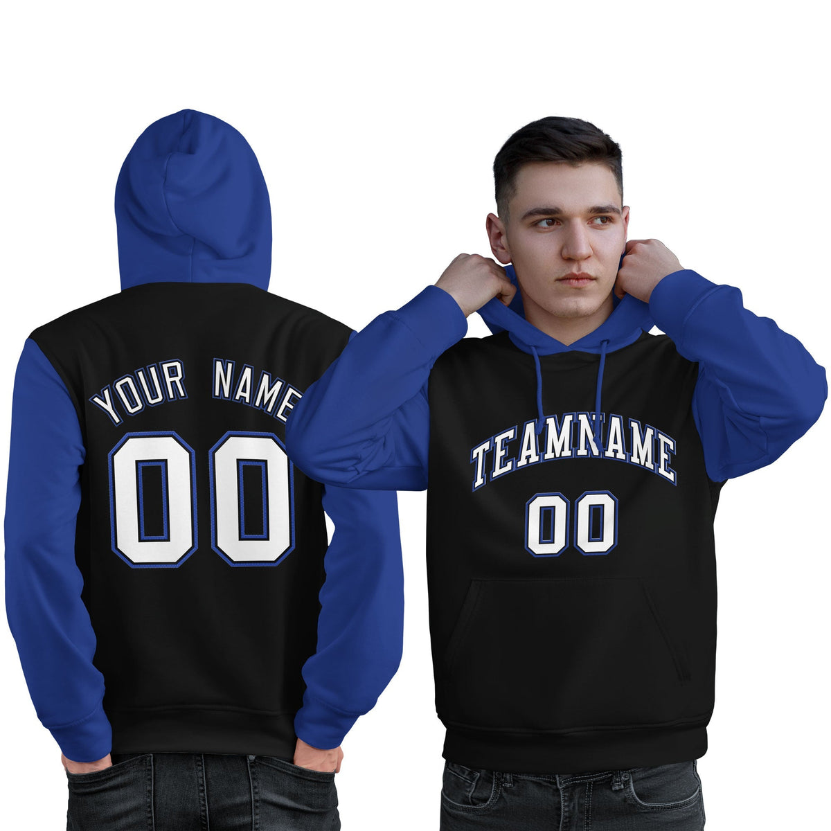 Custom Black White-Royal Raglan Sleeves Pullover Personalized Sweatshirt Hoodie| KXKSHOP