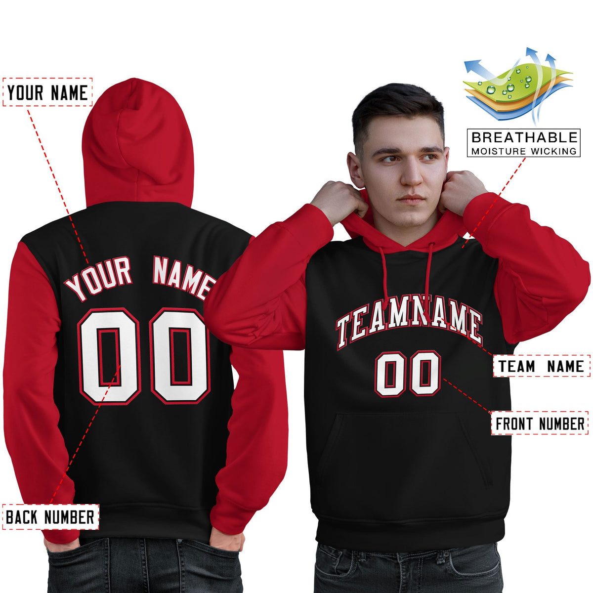 Custom Black White-Red Raglan Sleeves Pullover Personalized Sweatshirt Hoodie| KXKSHOP