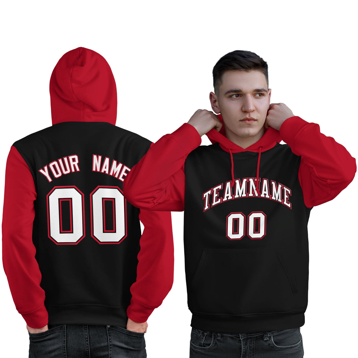 Custom Black White-Red Raglan Sleeves Pullover Personalized Sweatshirt Hoodie| KXKSHOP