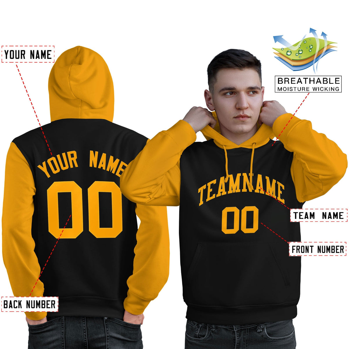 Custom Black Gold Raglan Sleeves Pullover Personalized Sweatshirt Hoodie| KXKSHOP