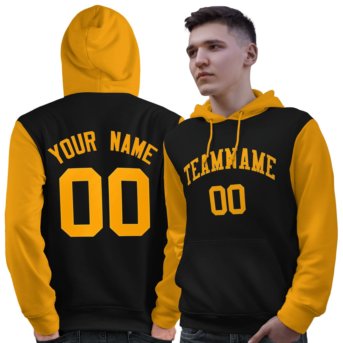 Custom Black Gold Raglan Sleeves Pullover Personalized Sweatshirt Hoodie| KXKSHOP