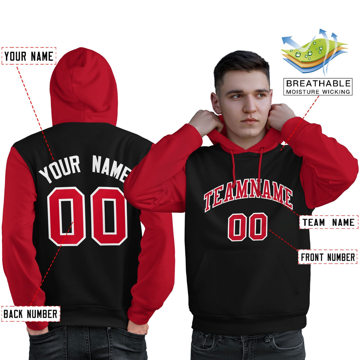 Custom Black Red-White Raglan Sleeves Pullover Personalized Sweatshirt Hoodie| KXKSHOP