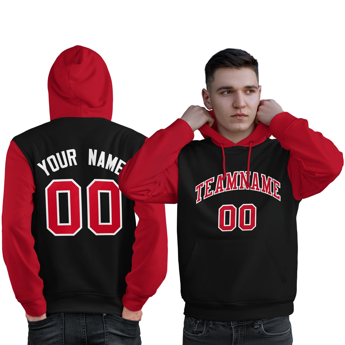 Custom Black Red-White Raglan Sleeves Pullover Personalized Sweatshirt Hoodie| KXKSHOP