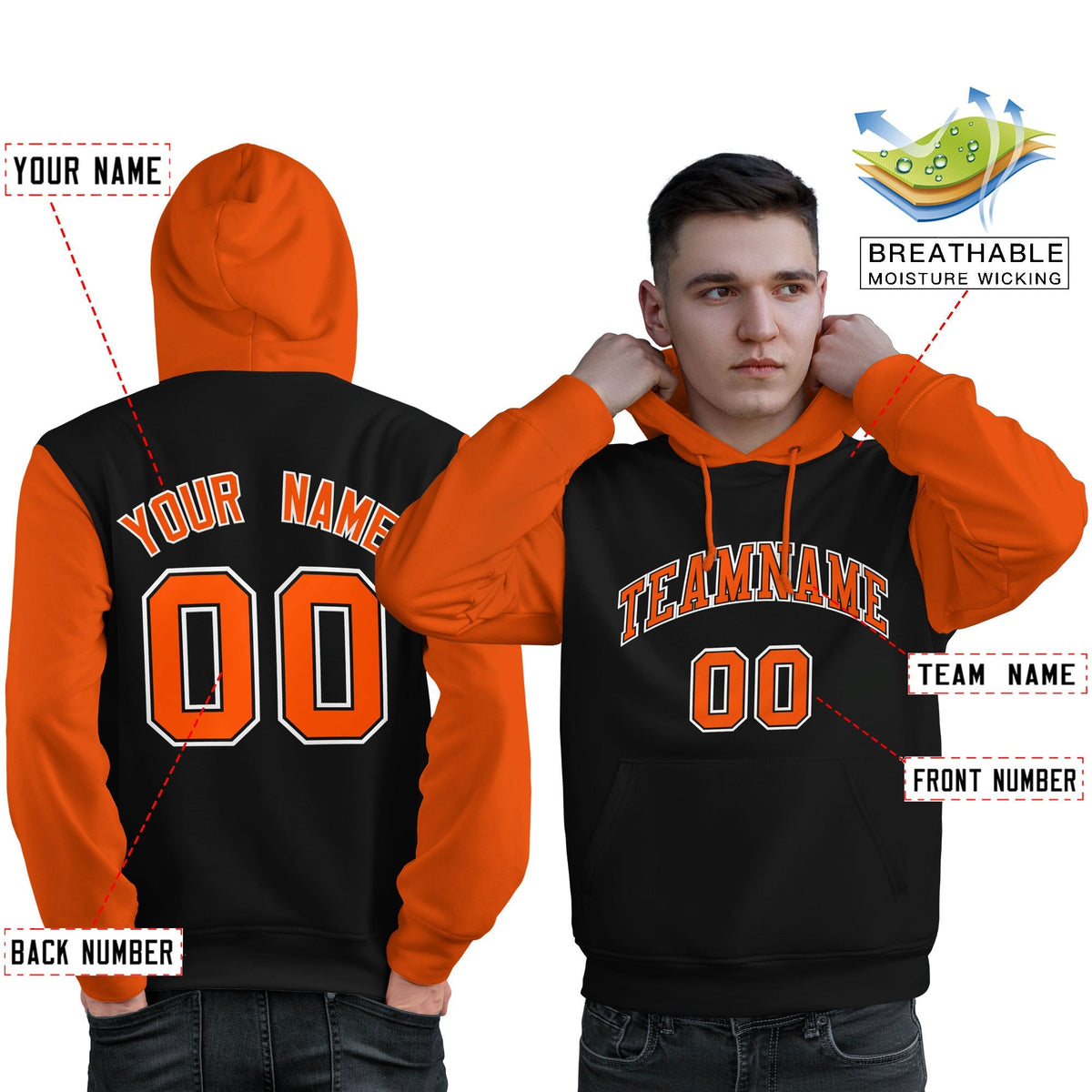 Custom Black Orange-White Raglan Sleeves Pullover Personalized Sweatshirt Hoodie| KXKSHOP