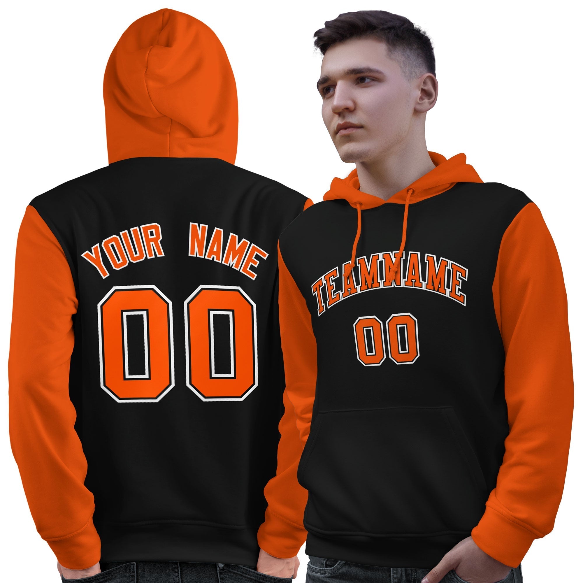 Custom Black Orange-White Raglan Sleeves Pullover Personalized Sweatshirt Hoodie| KXKSHOP