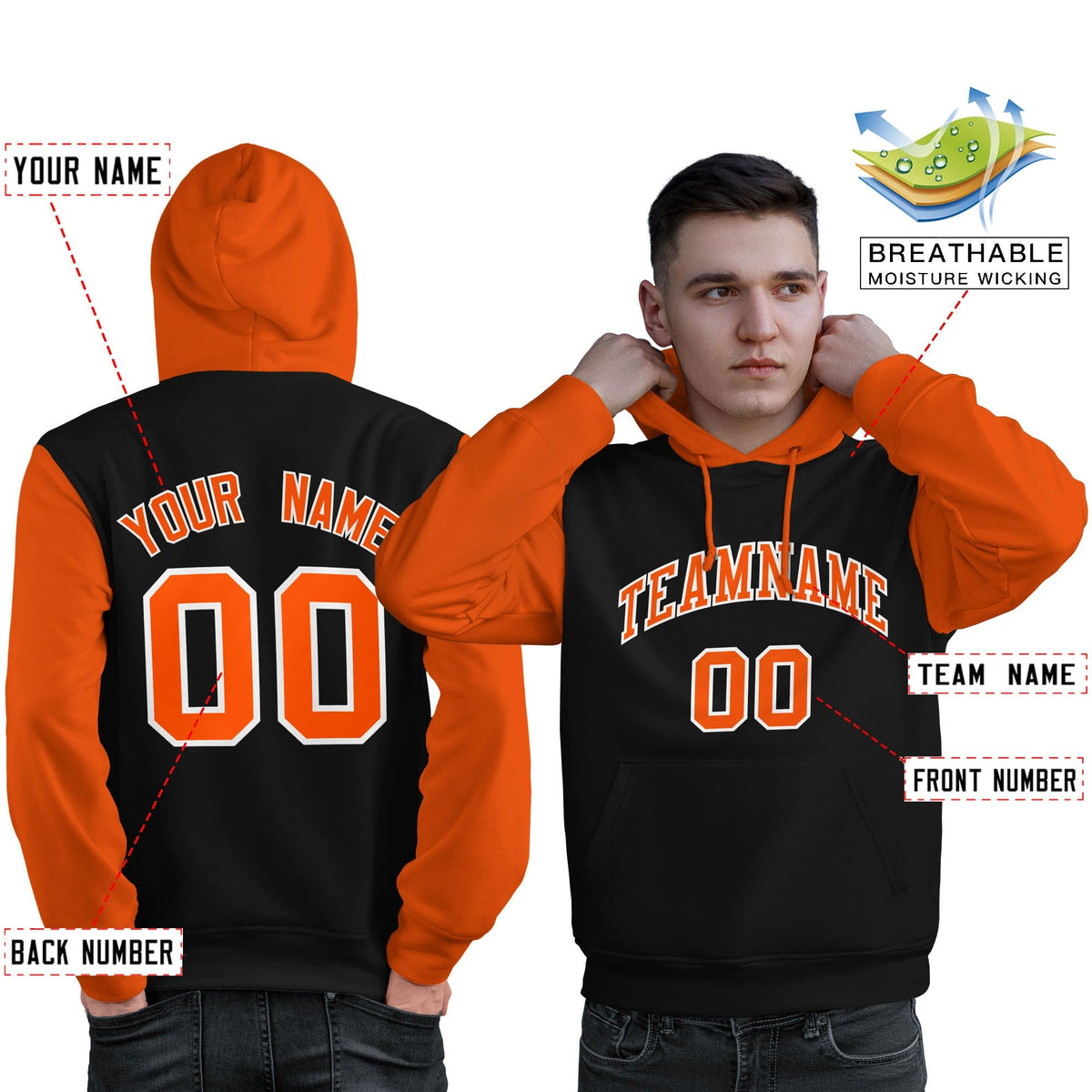 Custom Black Orange-White Raglan Sleeves Pullover Personalized Sweatshirt Hoodie| KXKSHOP