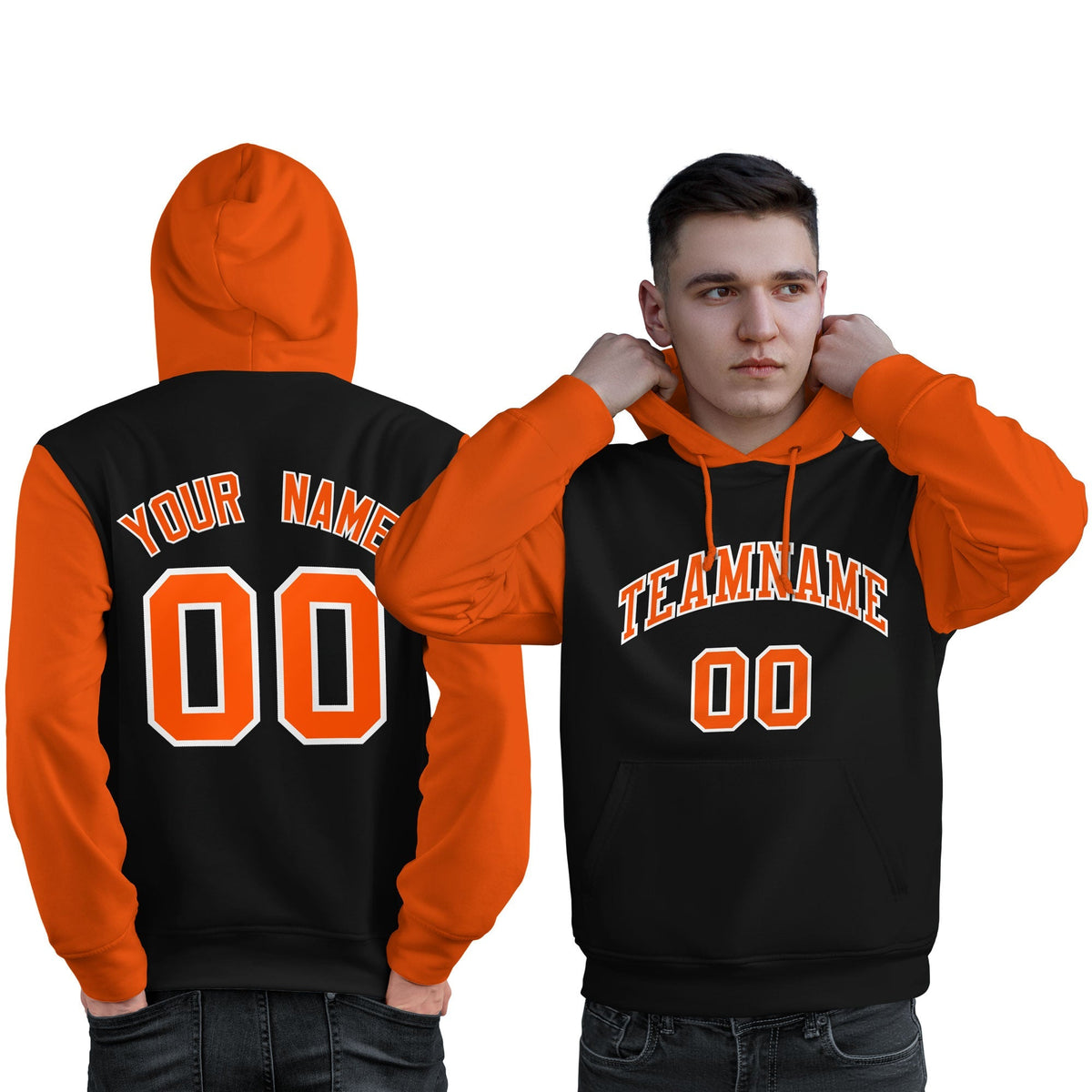 Custom Black Orange-White Raglan Sleeves Pullover Personalized Sweatshirt Hoodie| KXKSHOP