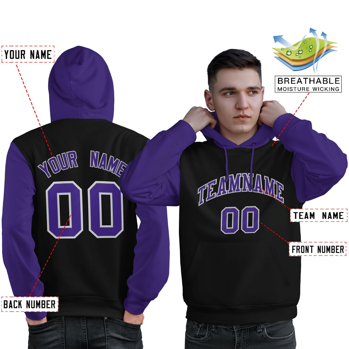 Custom Black Purple-Gray Raglan Sleeves Pullover Personalized Sweatshirt Hoodie| KXKSHOP