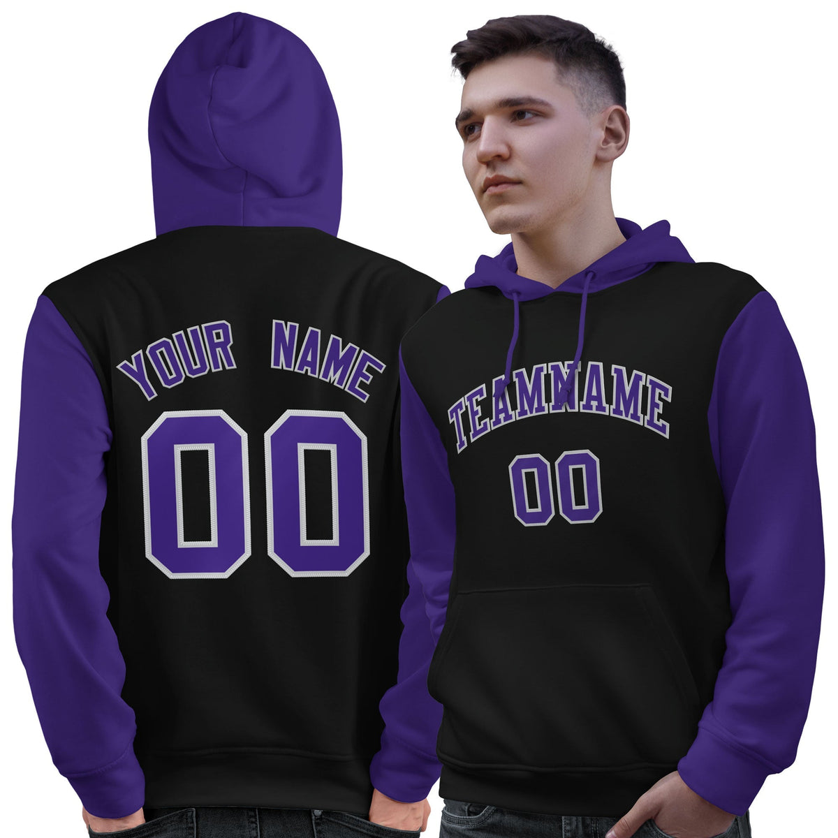 Custom Black Purple-Gray Raglan Sleeves Pullover Personalized Sweatshirt Hoodie| KXKSHOP