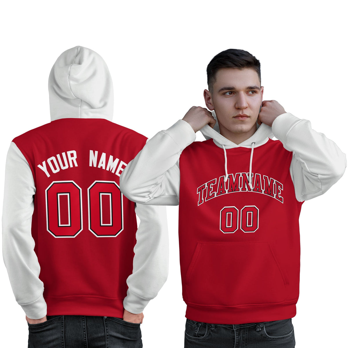 Custom Red Black-White Raglan Sleeves Pullover Personalized Sweatshirt Hoodie| KXKSHOP