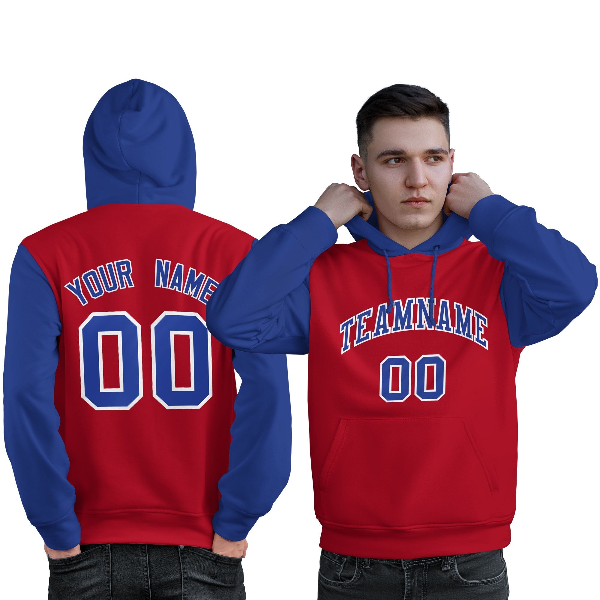 Custom Red Royal-White Raglan Sleeves Pullover Personalized Sweatshirt Hoodie| KXKSHOP