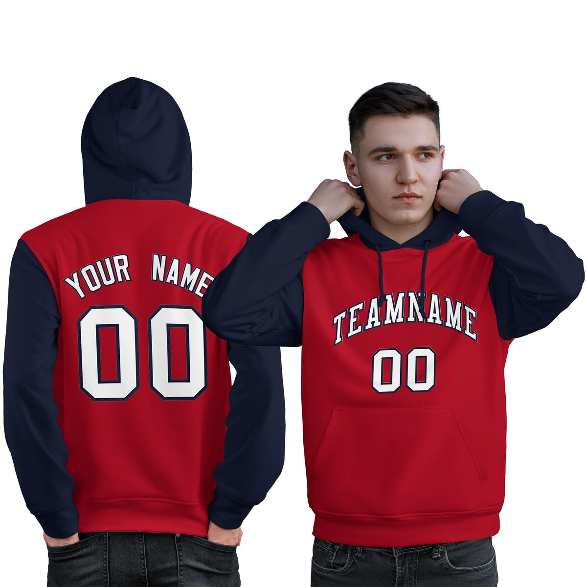 Custom Red White-Navy Raglan Sleeves Pullover Personalized Sweatshirt Hoodie| KXKSHOP