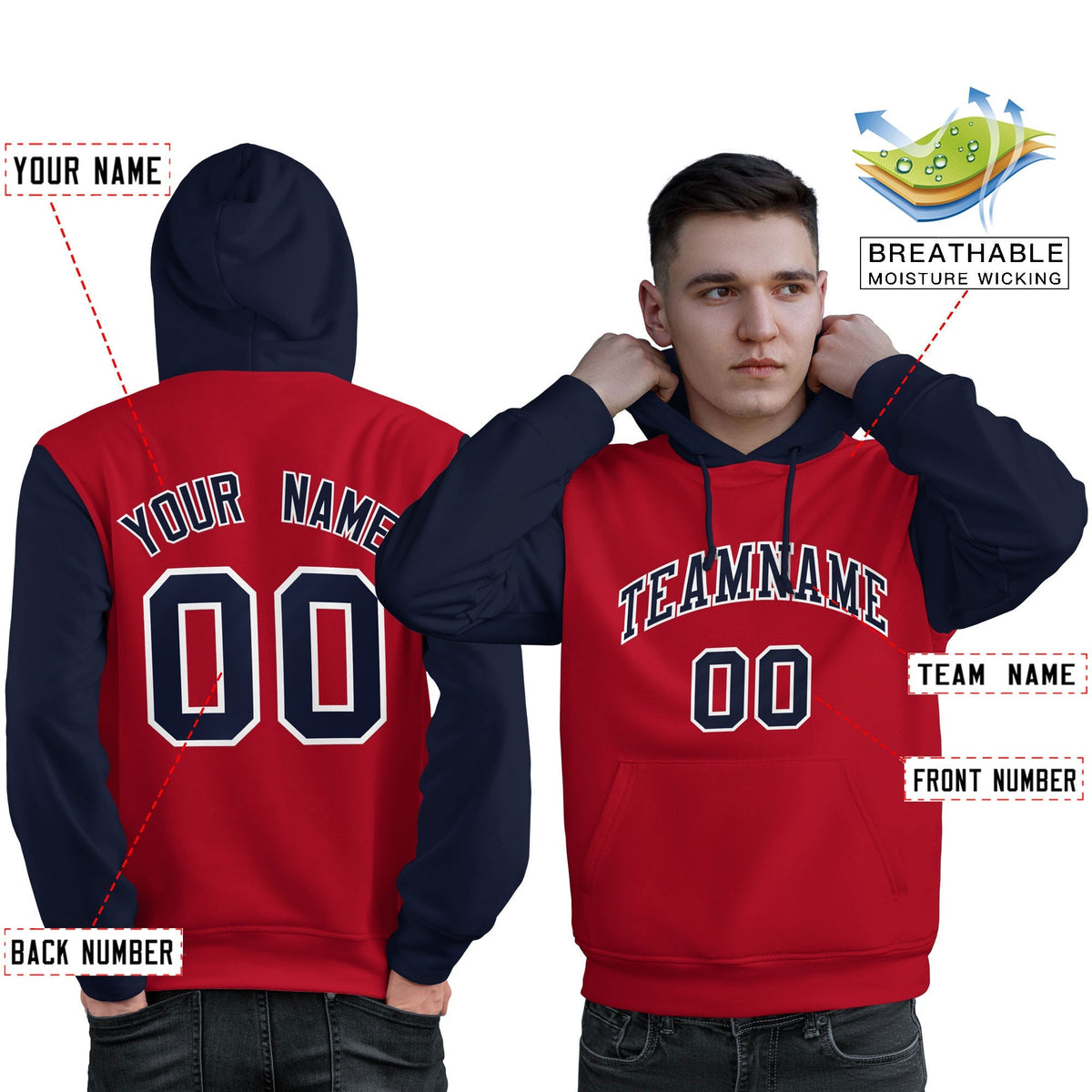 Custom Red Navy-White Raglan Sleeves Pullover Personalized Sweatshirt Hoodie| KXKSHOP