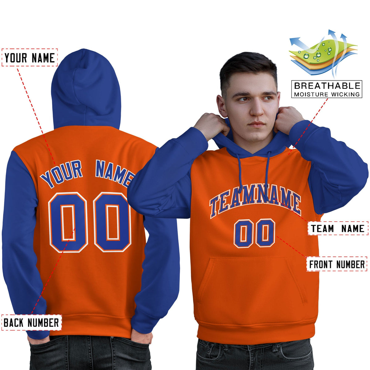 Custom Orange Royal-White Raglan Sleeves Pullover Personalized Sweatshirt Hoodie| KXKSHOP