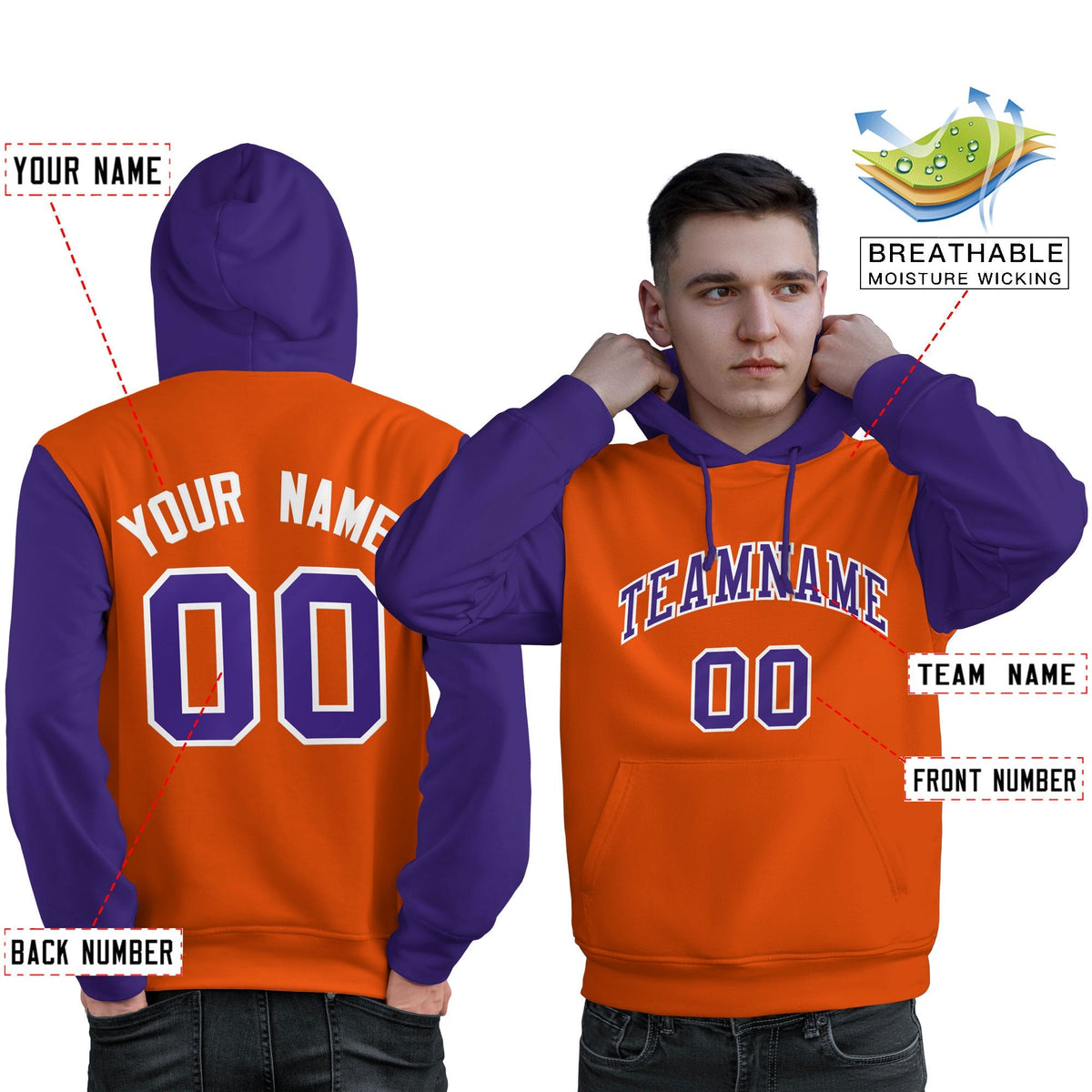 Custom Orange Purple-White Raglan Sleeves Pullover Personalized Sweatshirt Hoodie| KXKSHOP