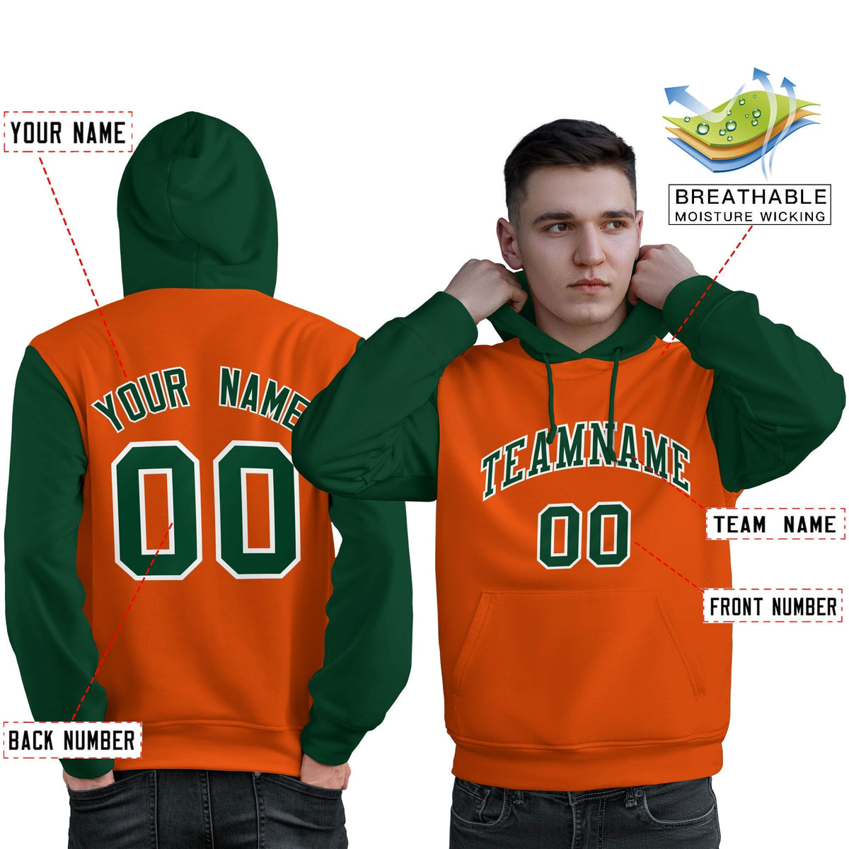 Custom Orange Green-White Raglan Sleeves Pullover Personalized Sweatshirt Hoodie| KXKSHOP
