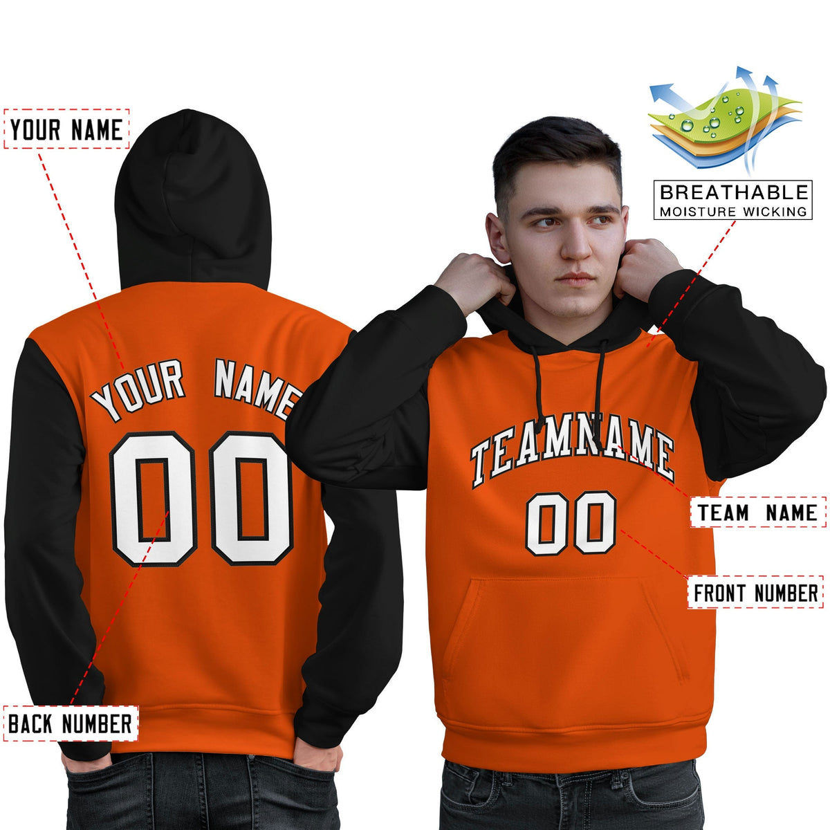 Custom Orange White-Black Raglan Sleeves Pullover Personalized Sweatshirt Hoodie| KXKSHOP