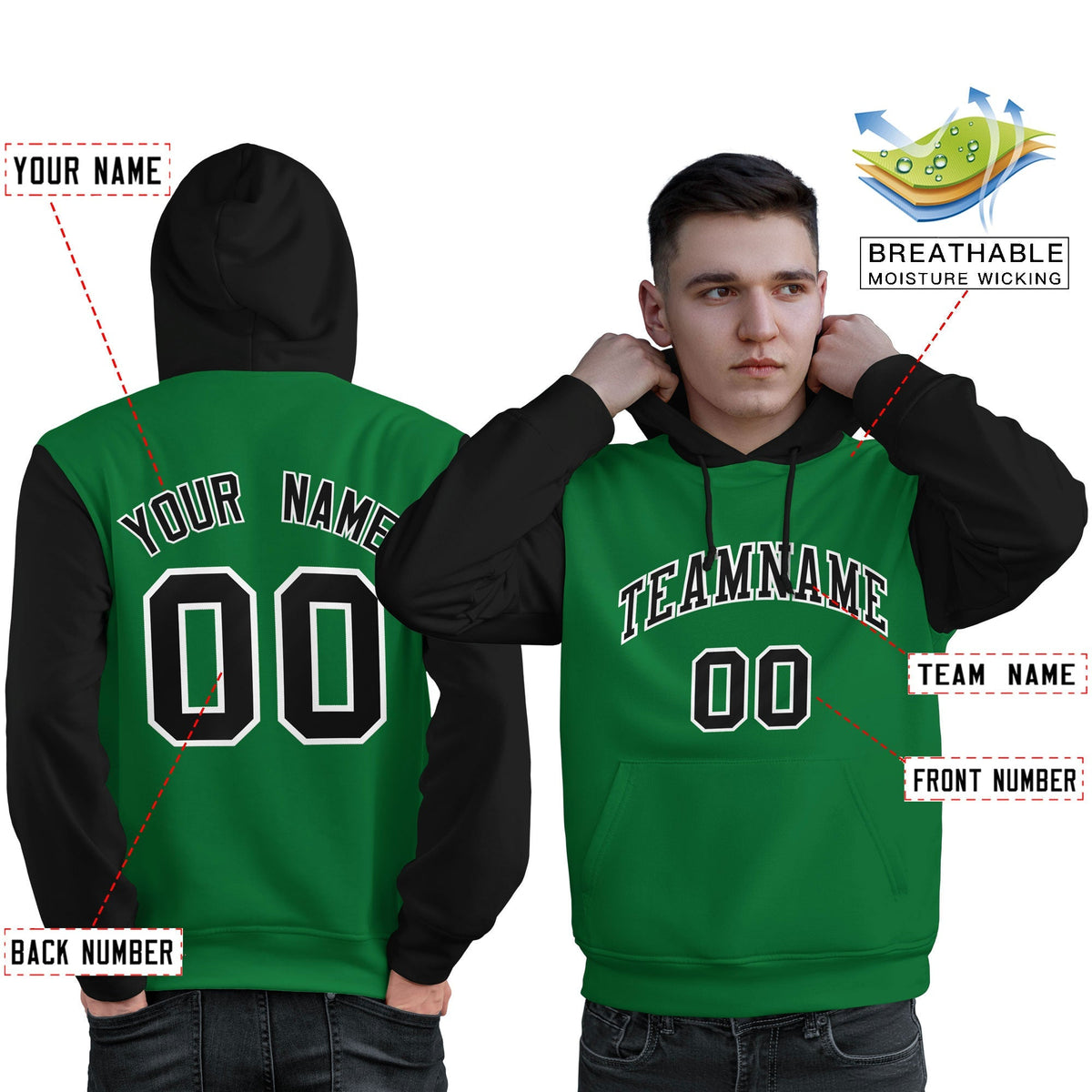 Custom Kelly Green Black-White Raglan Sleeves Pullover Personalized Sweatshirt Hoodie| KXKSHOP