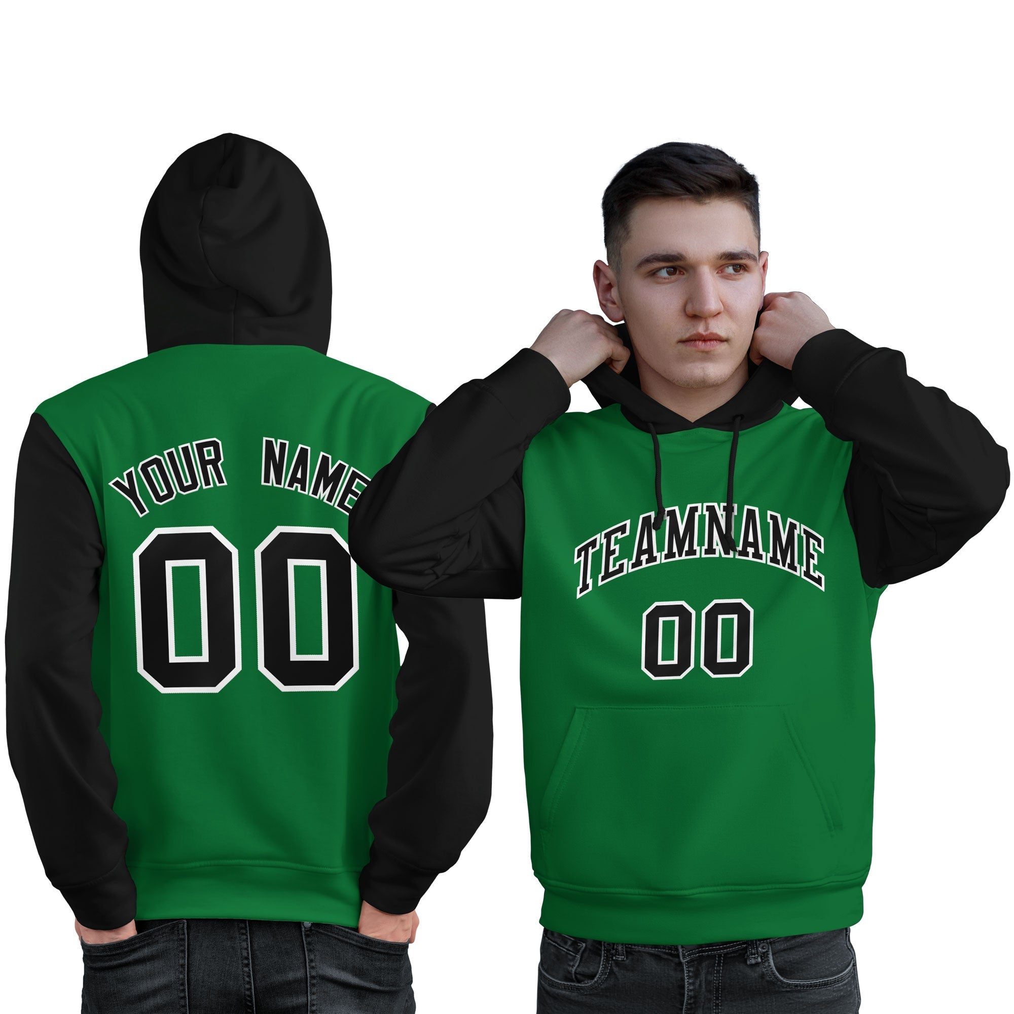 Custom Kelly Green Black-White Raglan Sleeves Pullover Personalized Sweatshirt Hoodie| KXKSHOP
