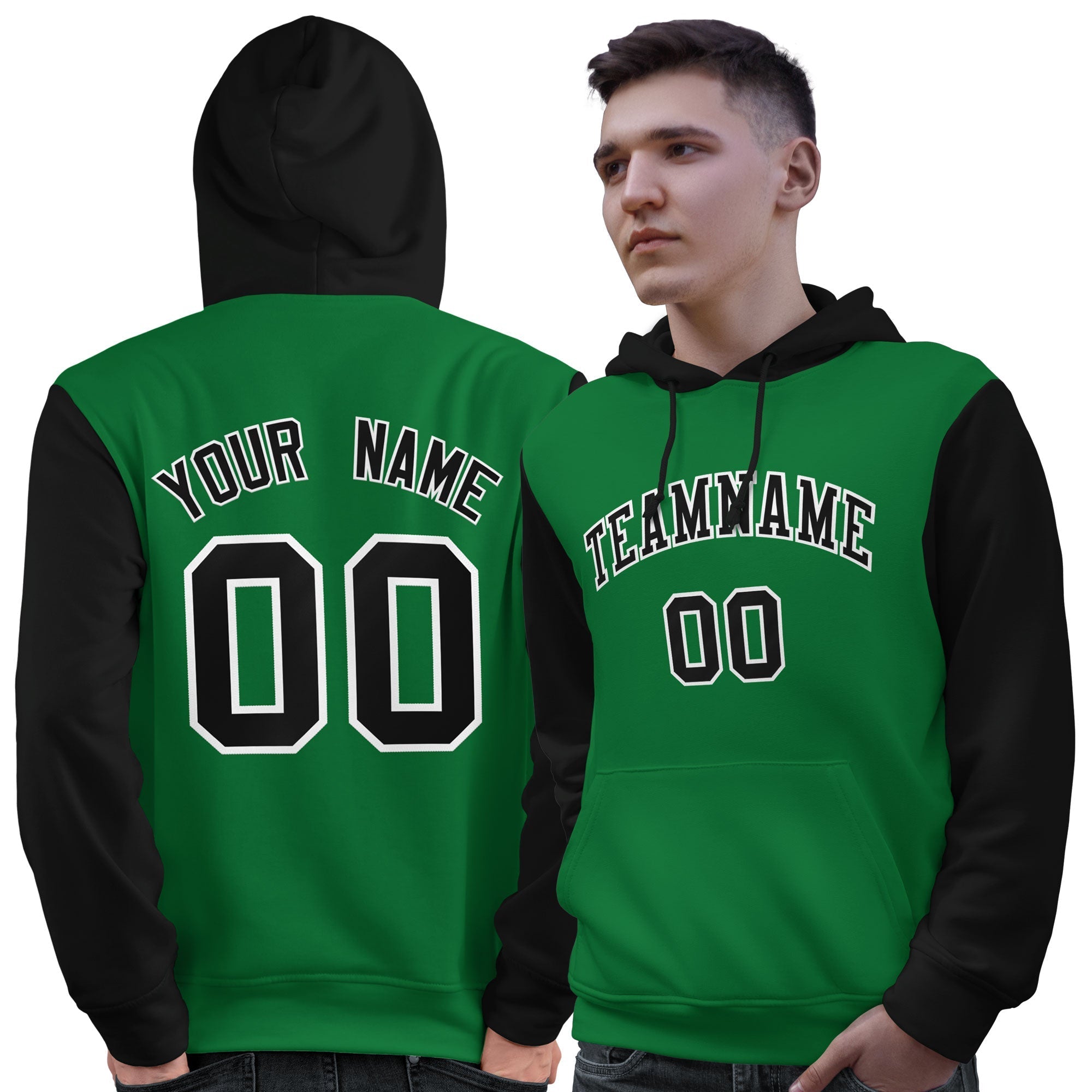 Custom Kelly Green Black-White Raglan Sleeves Pullover Personalized Sweatshirt Hoodie| KXKSHOP