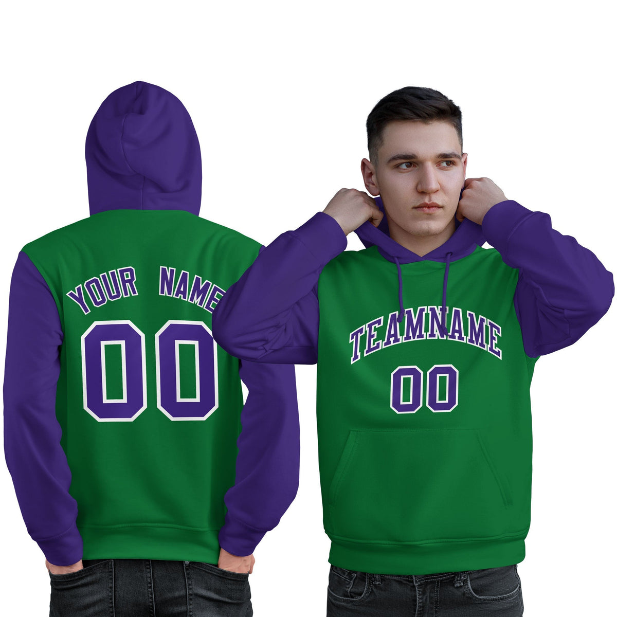 Custom Kelly Green Purple-White Raglan Sleeves Pullover Personalized Sweatshirt Hoodie| KXKSHOP
