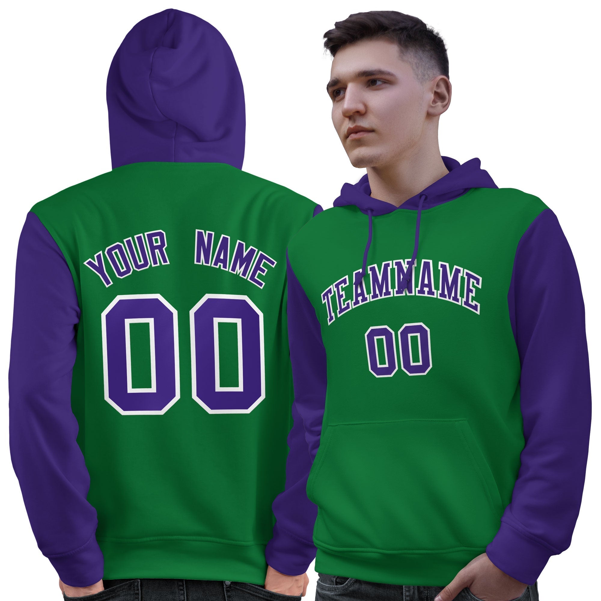 Custom Kelly Green Purple-White Raglan Sleeves Pullover Personalized Sweatshirt Hoodie| KXKSHOP