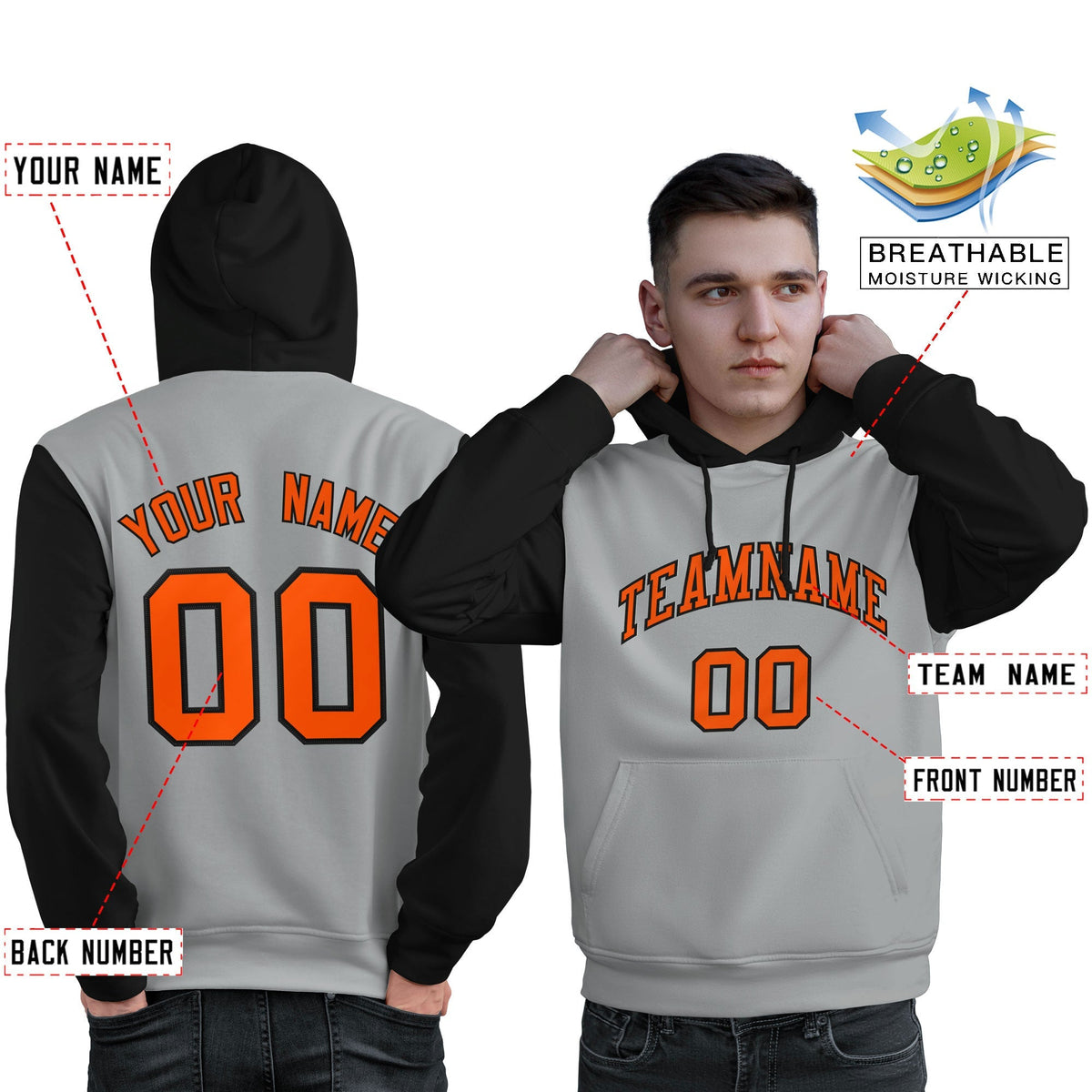 Custom Gray Orange-Black Raglan Sleeves Pullover Personalized Sweatshirt Hoodie| KXKSHOP