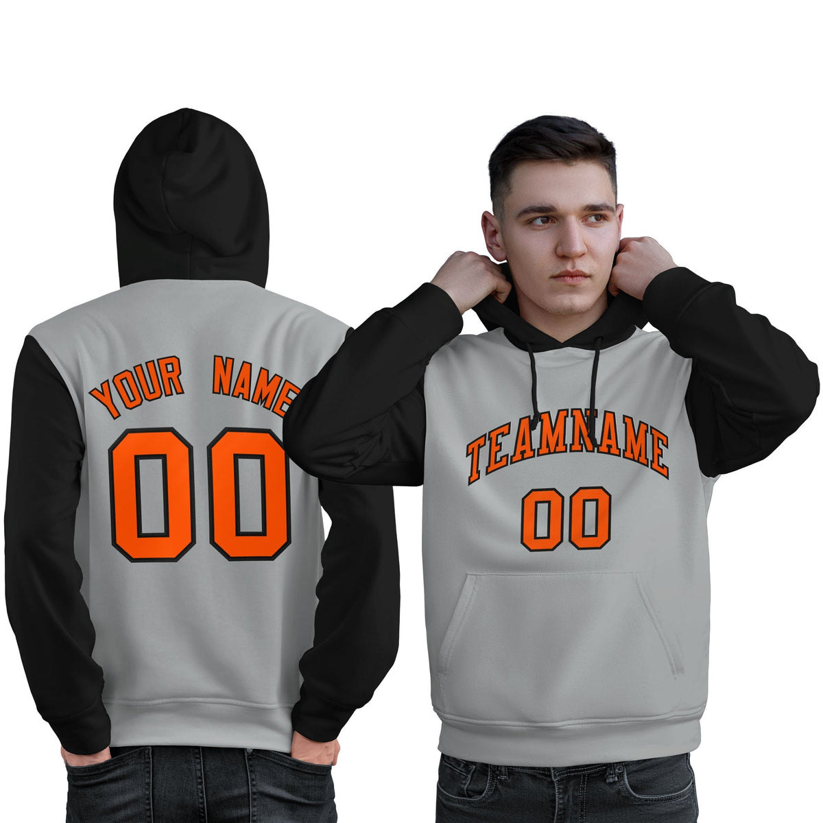 Custom Gray Orange-Black Raglan Sleeves Pullover Personalized Sweatshirt Hoodie| KXKSHOP