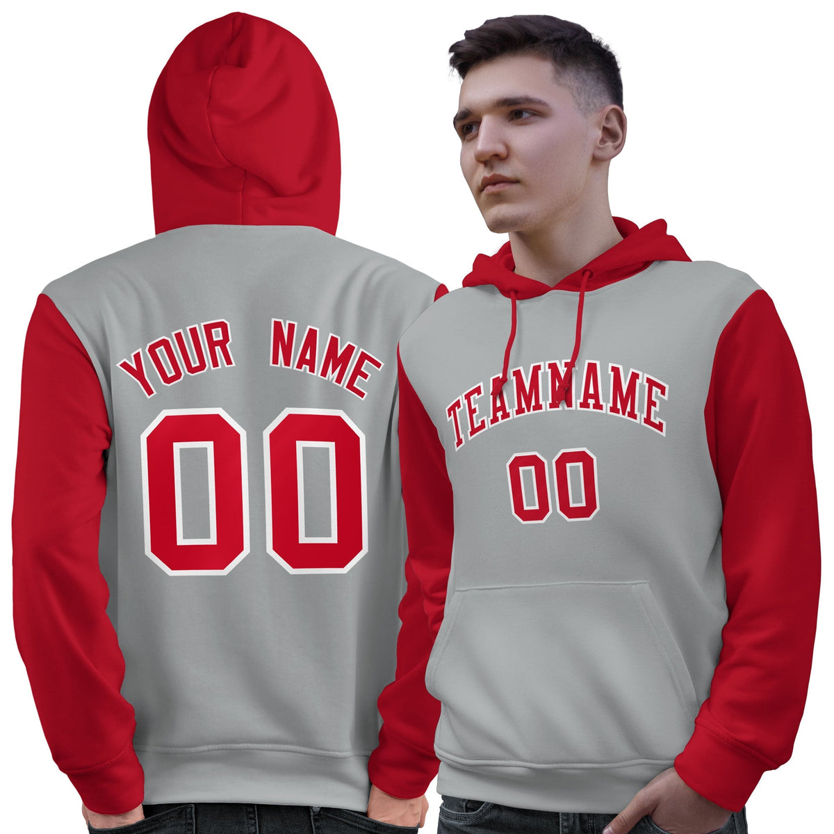 Custom Gray Red-White Raglan Sleeves Pullover Personalized Sweatshirt Hoodie| KXKSHOP