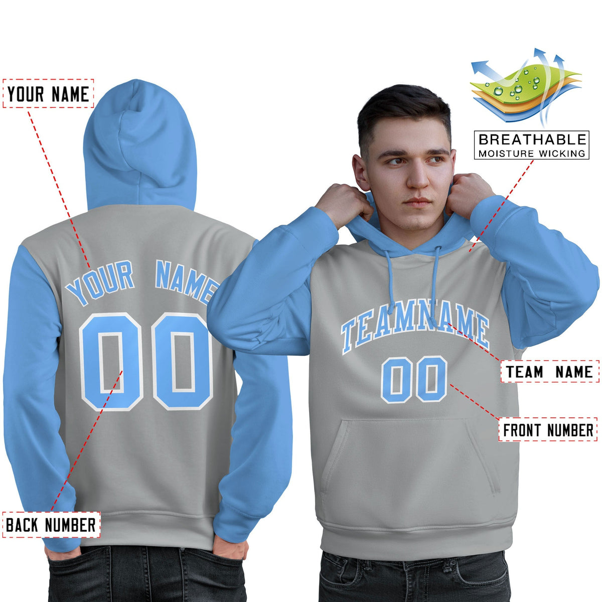 Custom Gray Light Blue-White Raglan Sleeves Pullover Personalized Sweatshirt Hoodie| KXKSHOP