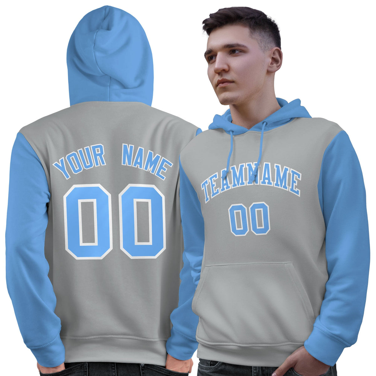 Custom Gray Light Blue-White Raglan Sleeves Pullover Personalized Sweatshirt Hoodie| KXKSHOP