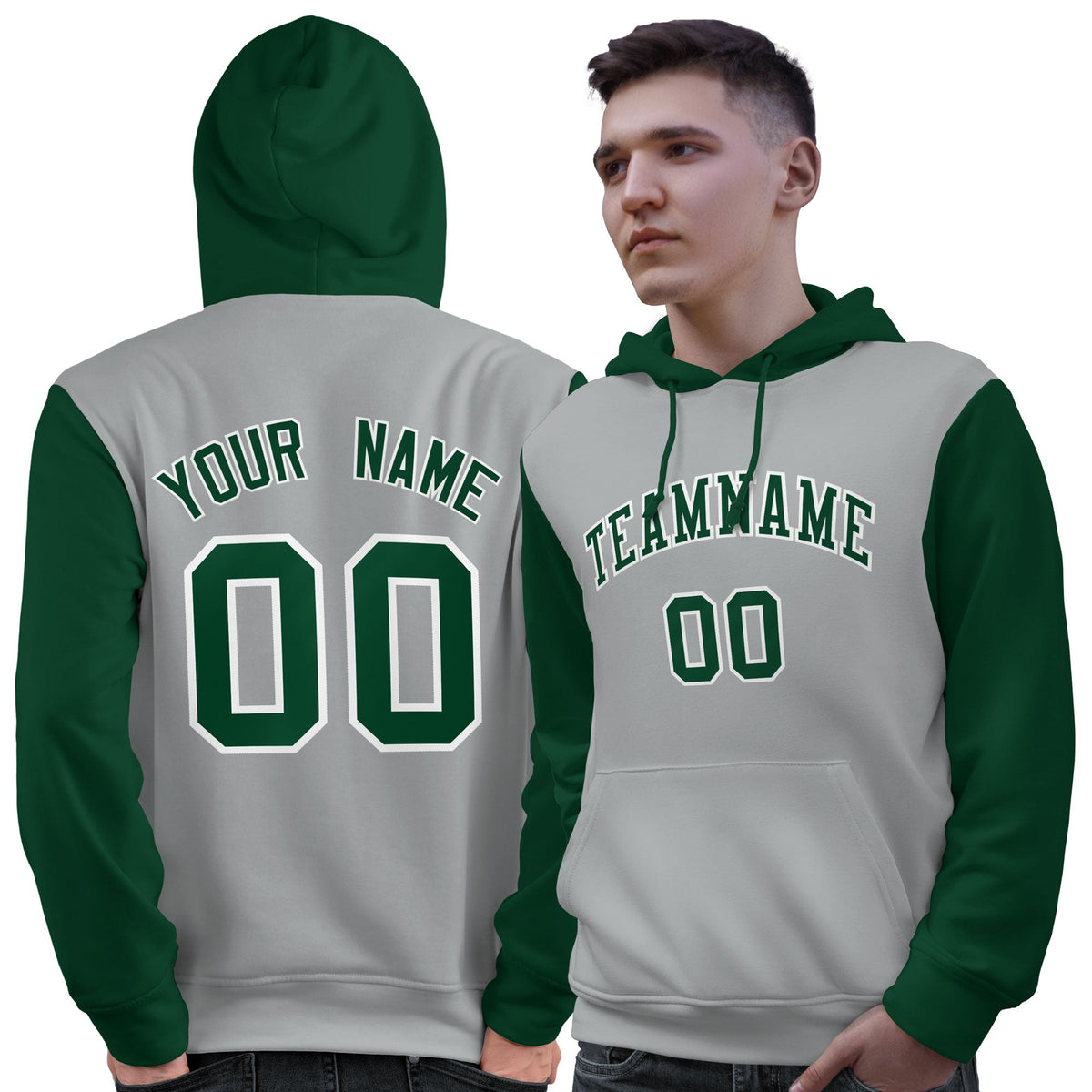 Custom Gray Green-White Raglan Sleeves Pullover Personalized Sweatshirt Hoodie| KXKSHOP