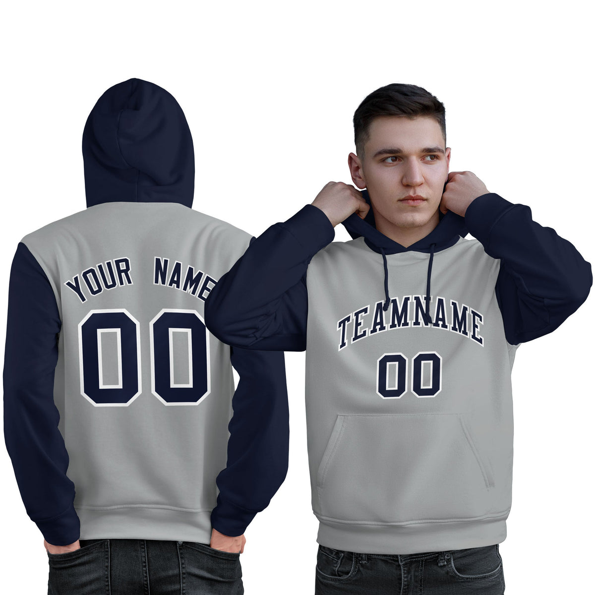 Custom Gray Navy-White Raglan Sleeves Pullover Personalized Sweatshirt Hoodie| KXKSHOP