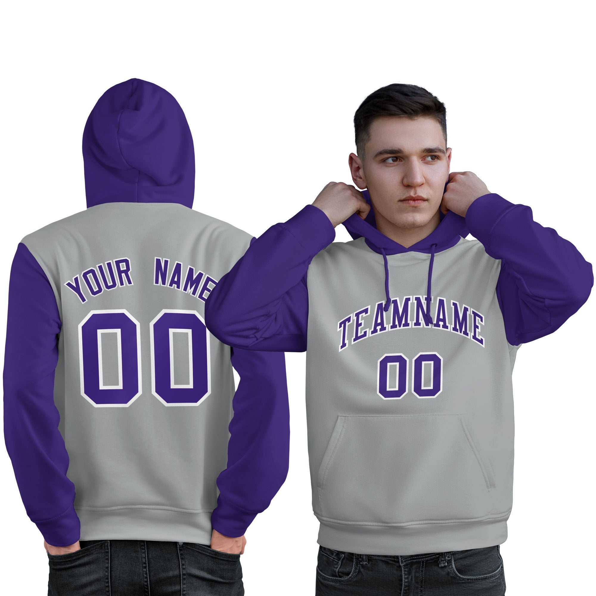 Custom Gray Purple-White Raglan Sleeves Pullover Personalized Sweatshirt Hoodie| KXKSHOP