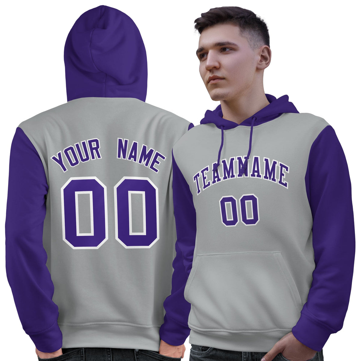 Custom Gray Purple-White Raglan Sleeves Pullover Personalized Sweatshirt Hoodie| KXKSHOP
