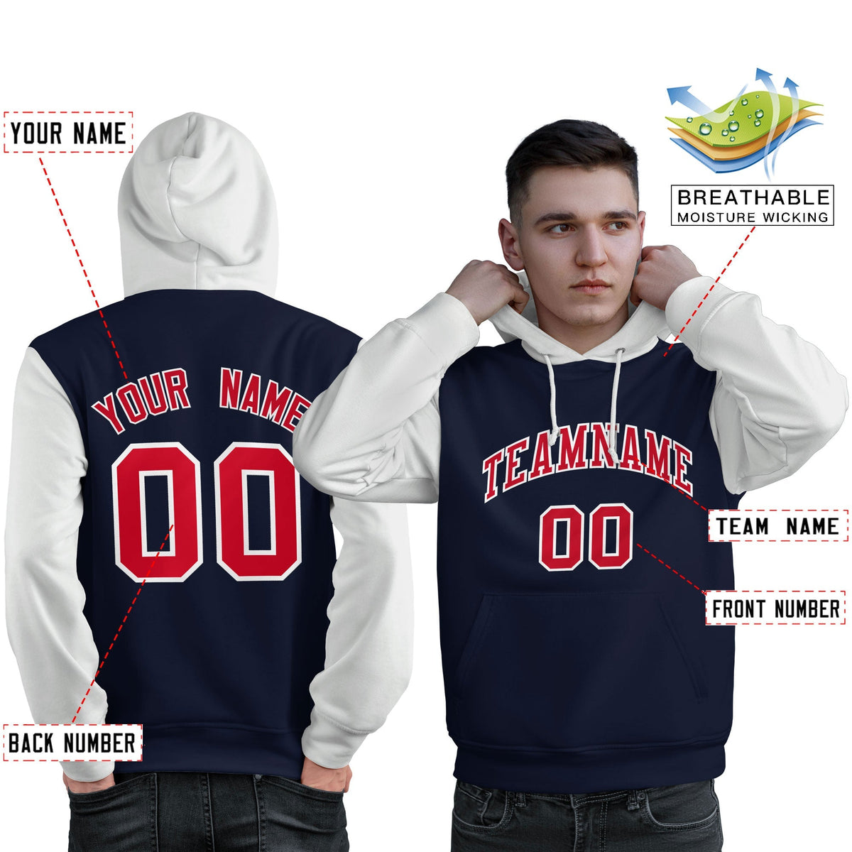 Custom Navy Red-White Raglan Sleeves Pullover Personalized Sweatshirt Hoodie| KXKSHOP