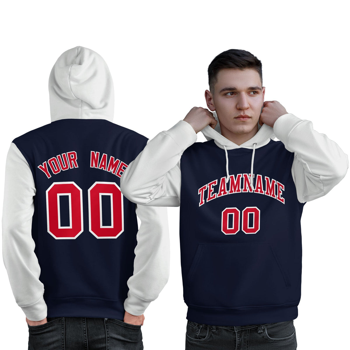 Custom Navy Red-White Raglan Sleeves Pullover Personalized Sweatshirt Hoodie| KXKSHOP