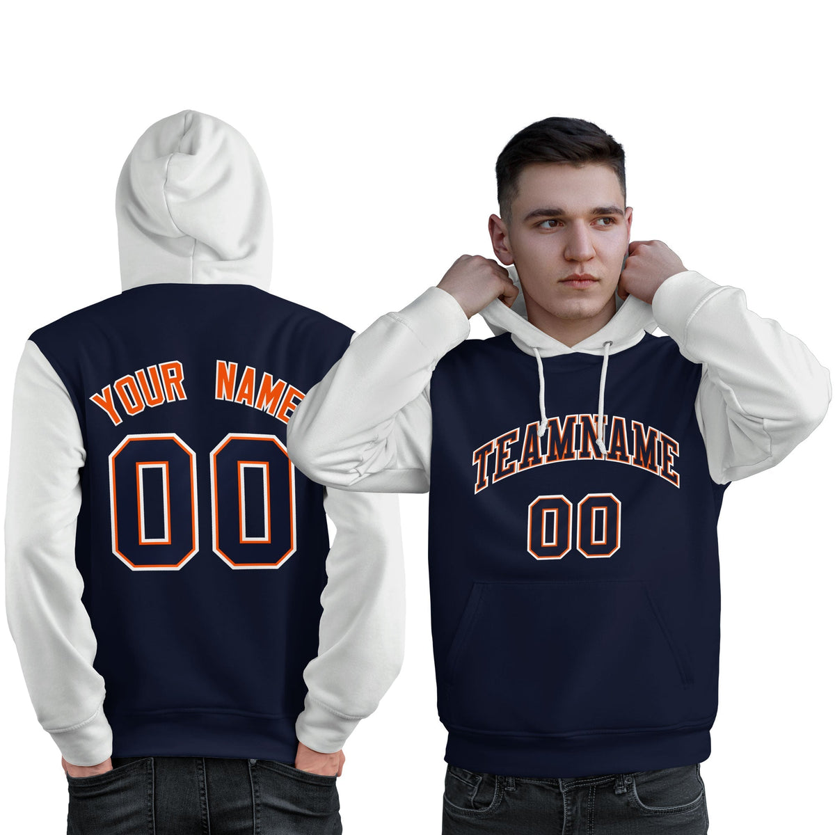 Custom Navy Orange-White Raglan Sleeves Pullover Personalized Sweatshirt Hoodie| KXKSHOP