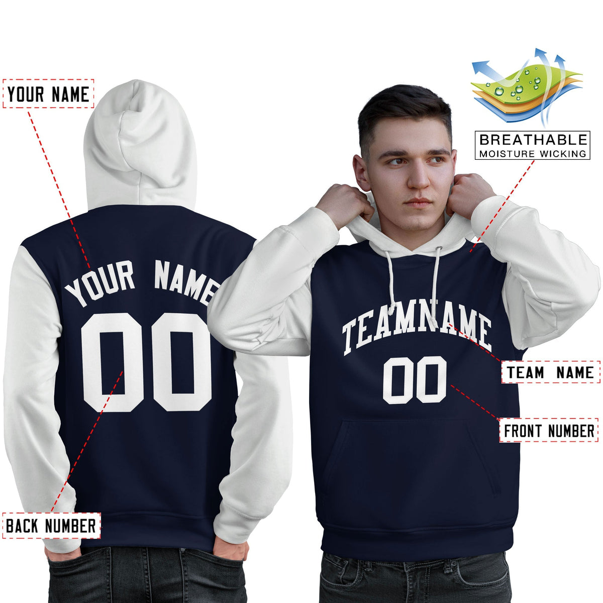 Custom Navy White Raglan Sleeves Pullover Personalized Sweatshirt Hoodie| KXKSHOP