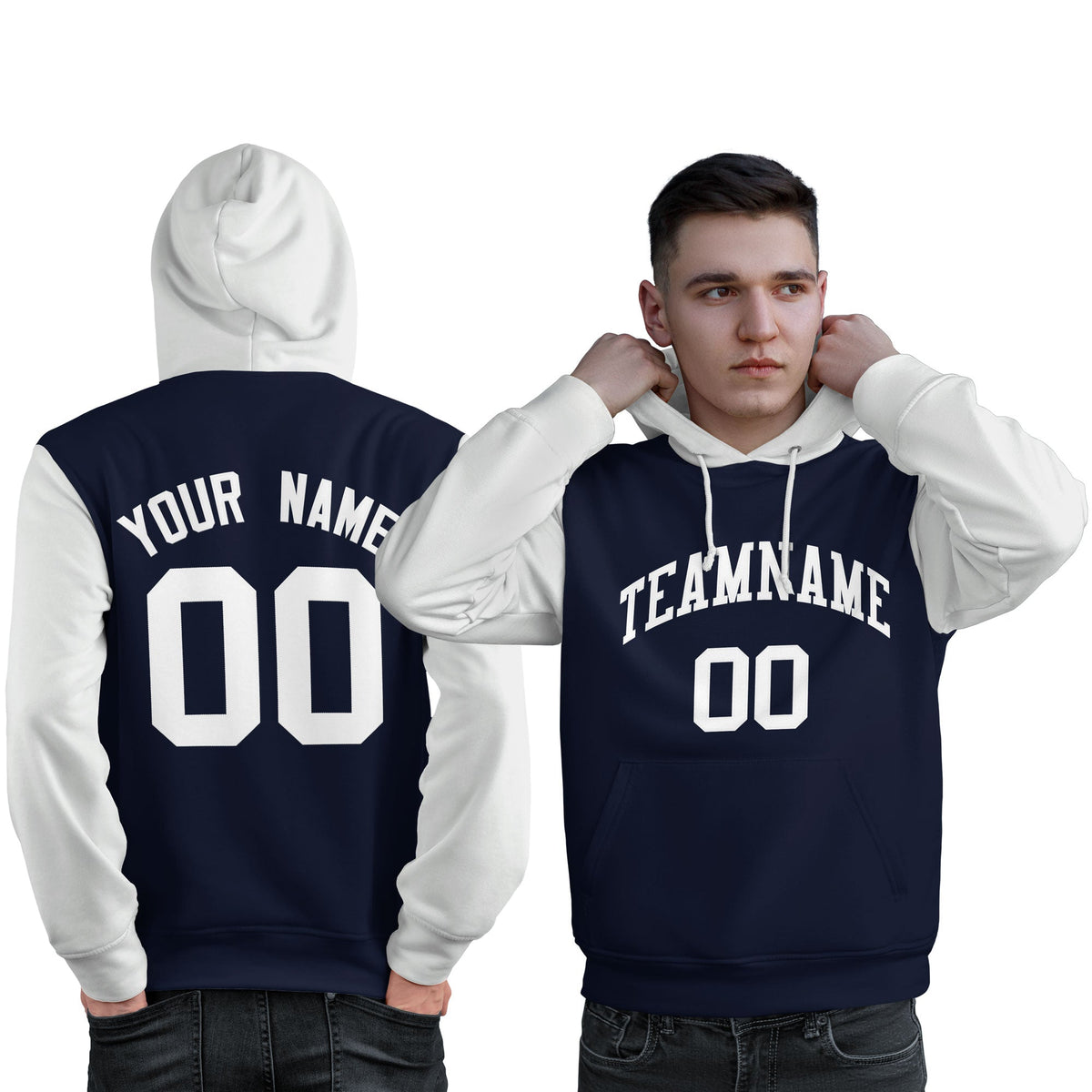 Custom Navy White Raglan Sleeves Pullover Personalized Sweatshirt Hoodie| KXKSHOP