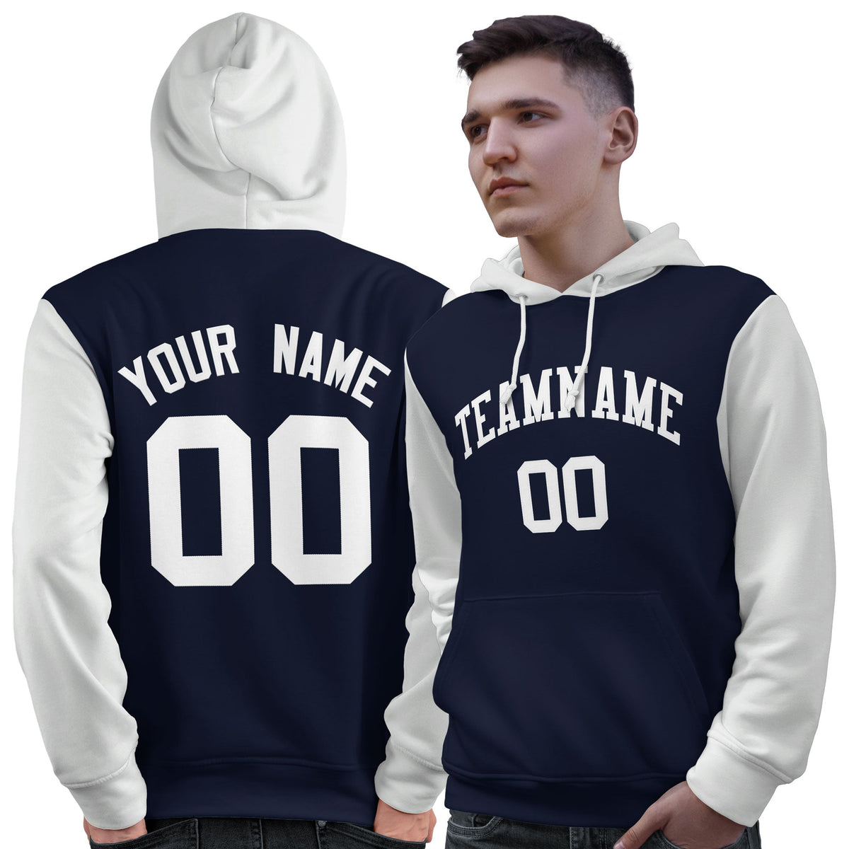 Custom Navy White Raglan Sleeves Pullover Personalized Sweatshirt Hoodie| KXKSHOP