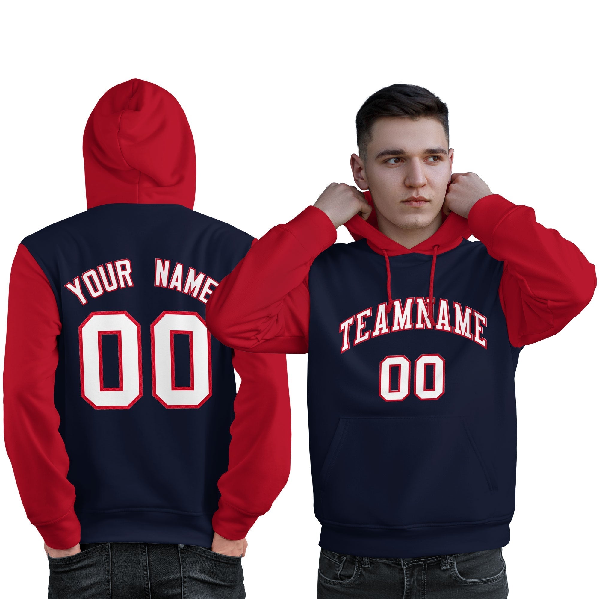 Custom Navy White-Red Raglan Sleeves Pullover Personalized Sweatshirt Hoodie| KXKSHOP