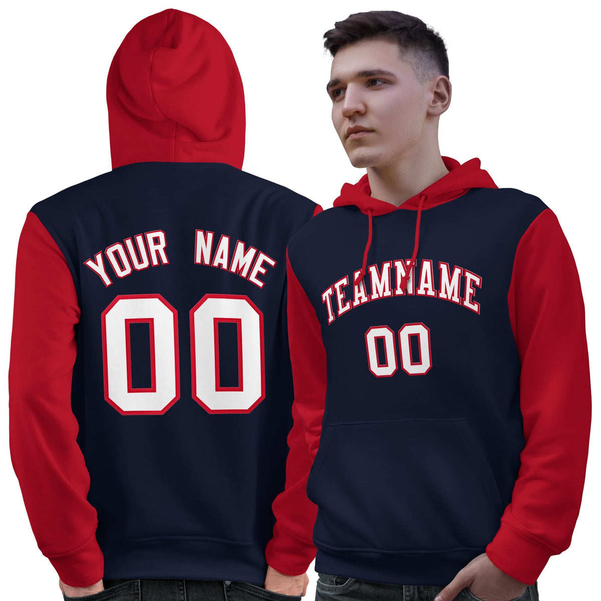 Custom Navy White-Red Raglan Sleeves Pullover Personalized Sweatshirt Hoodie| KXKSHOP
