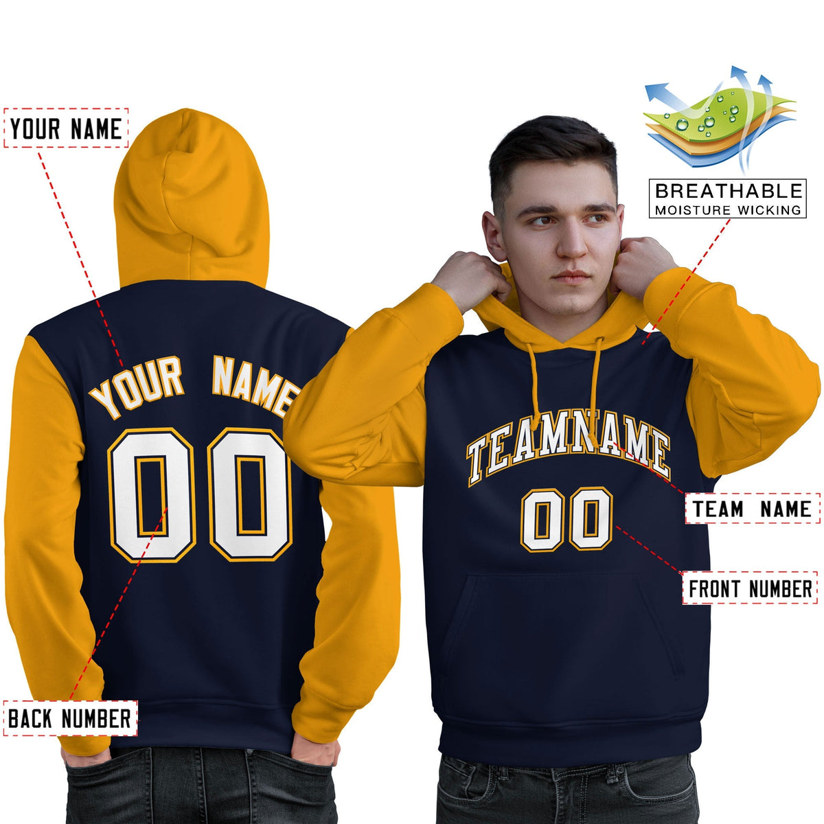 Custom Navy White-Gold Raglan Sleeves Pullover Personalized Sweatshirt Hoodie| KXKSHOP